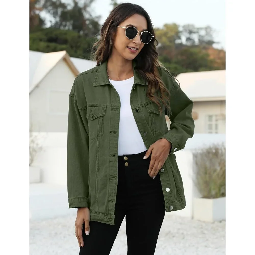 Women's Oversized Mid Long Denim Jacket Jean Biker Coat Long Sleeves Green - Picture 3 of 8